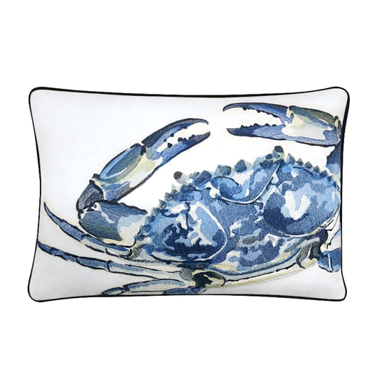 Blue Crab Embroidered Pillow Cover