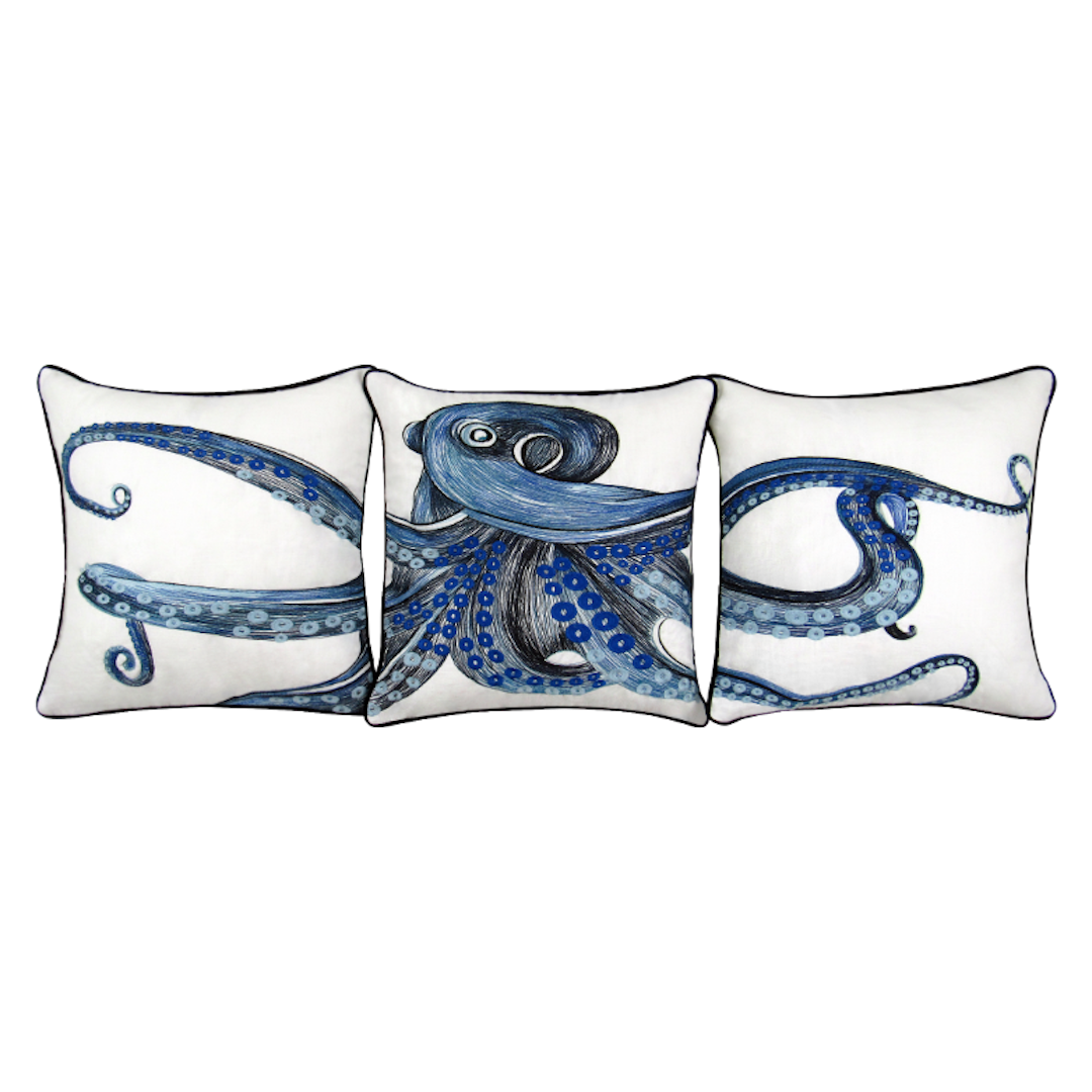 Octopus 3 Piece Embroidered Pillow Cover Set