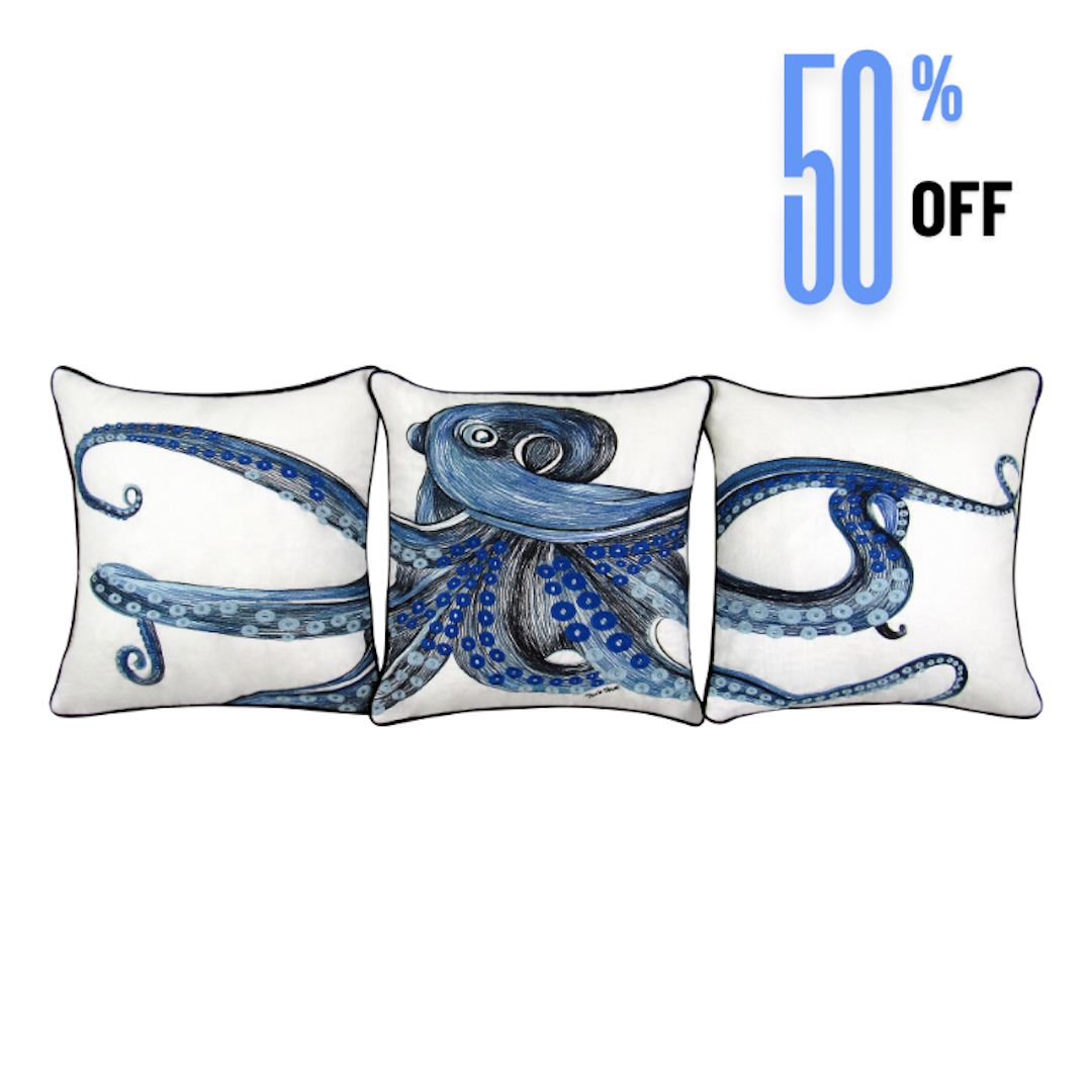 Octopus 3 Piece Embroidered Pillow Cover Set